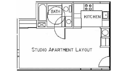 A floor plan of a studio apartment with a kitchen, bathroom, and living room.