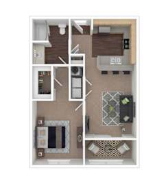 A floor plan of a small apartment with a kitchen, living room, and bathroom.