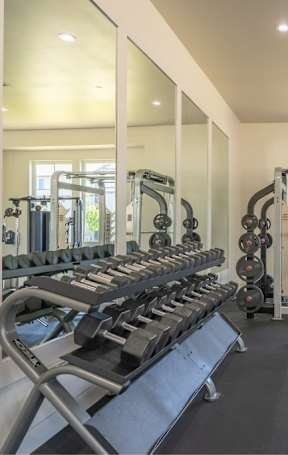 A spacious gym with a variety of equipment including treadmills, weights, and exercise machines at Northplace Apartment Homes, Salem, 97305