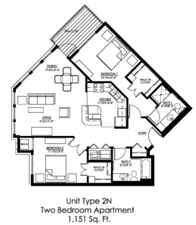 2 Bedroom Floor Plan at The Landings at Silver Lake Village, St. Anthony, MN
