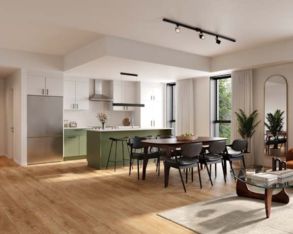 A modern living room with a dining area and a kitchen in the background.