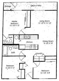 A diagram of a three bedroom apartment with one and a half baths.
