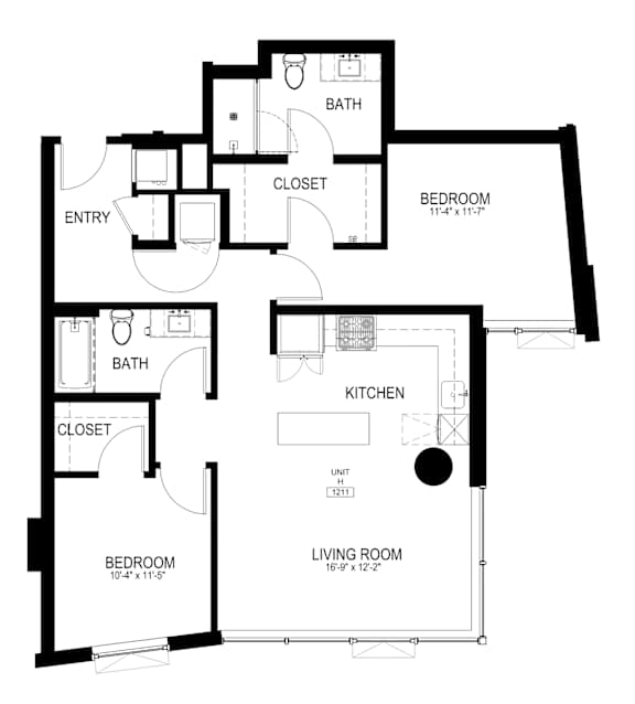 A floor plan for a home with a living room, kitchen, two bedrooms, and two bathrooms.