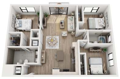 A 3D floor plan of a house with a kitchen, living room, and bedrooms.