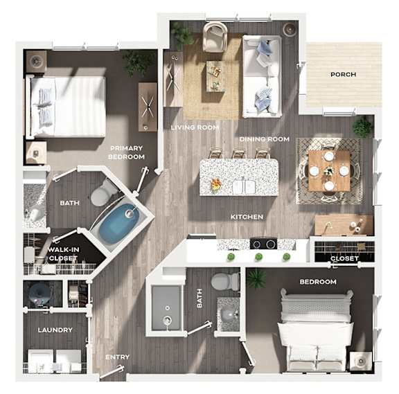 A floor plan of a house with a primary bedroom, living room, dining room, kitchen, and bathrooms.