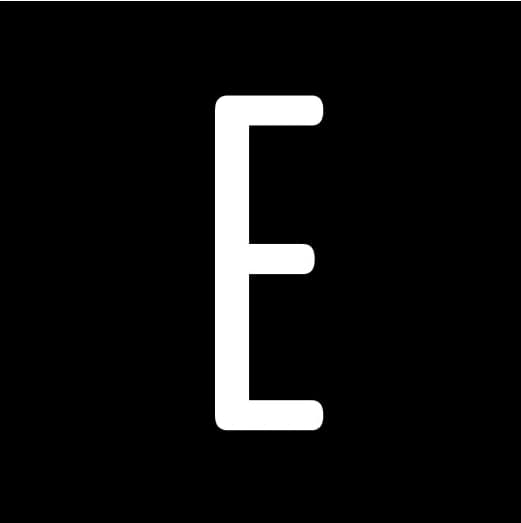 A white letter E on a black background.