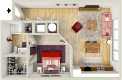 Floor Plan  4700 Colonnade Birmingham Alabama one-bedroom apartment floorplan in 3d Rendering