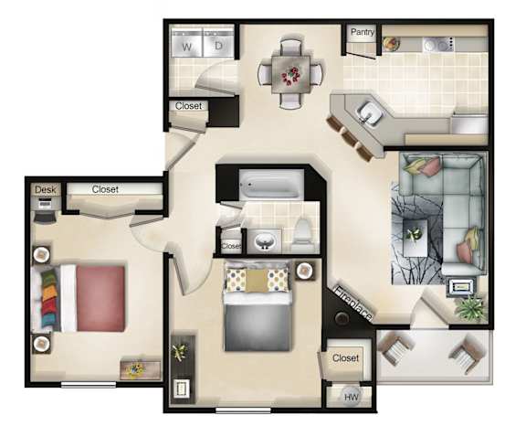 Alperton I & II (2Bed / 1bath / Sunroom or Patio) Floor Plan at Brittany Commons Apartments, Virginia