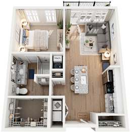 A floor plan of a small apartment with a kitchen, living room, and two bedrooms.