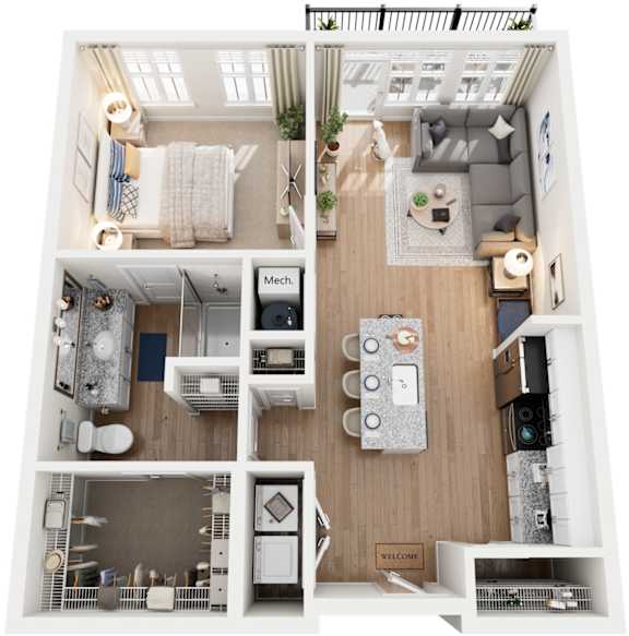 A floor plan of a small apartment with a kitchen, living room, and two bedrooms.