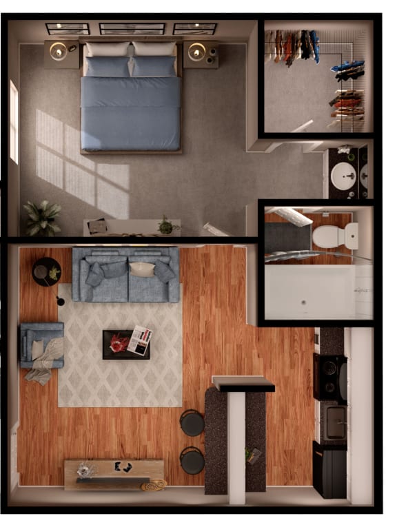 a rendering of our 1 bedroom floor plan