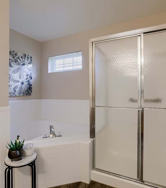 A bathroom with a glass shower door and a small table with a plant on it.