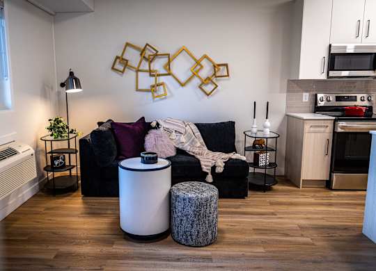 a living room with a black couch and a kitchen