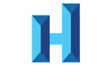 A blue geometric letter H on a black background.
