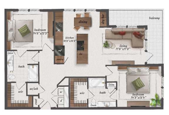 2 Bedroom, 2 Bathroom, 1285 Square Feet - B7 Floorplan at St. Elmo Apartments in Austin, TX