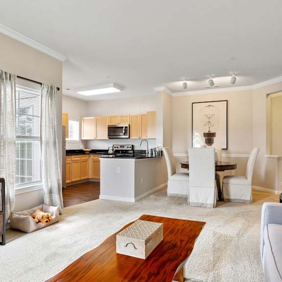 a living room and kitchen with a couch and a table