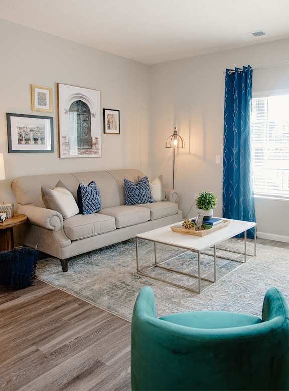 living room with granite counter top island