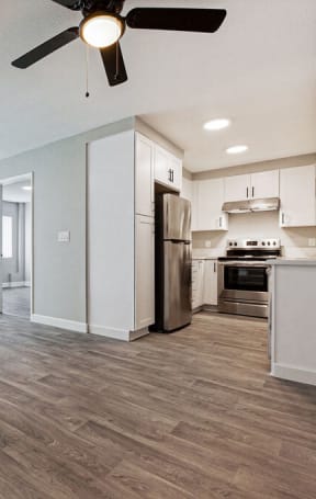 an open kitchen and living room with a ceiling fan at Citra Apartments LLC, San Diego, California