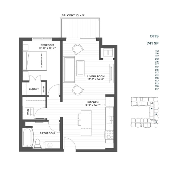 1 bedroom floor plan at The Hill Apartments in st paul mn
