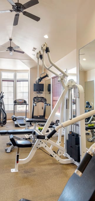 A well-equipped gym with a variety of machines and a fan on the ceiling.