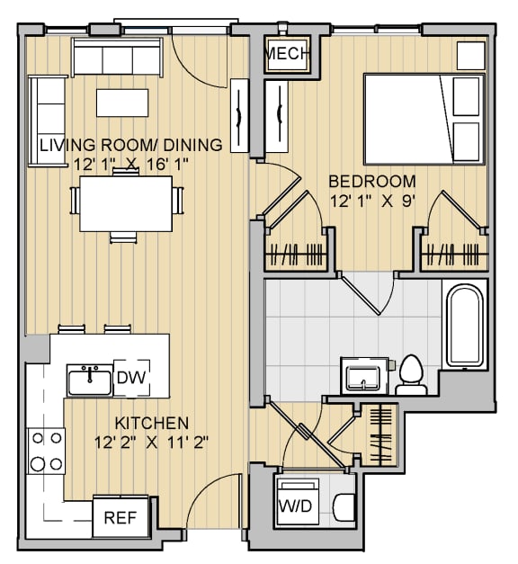 1 Bed 1 Bath 28a646 646 Sq.Ft. Floor Plan at 28 Austin St, Massachusetts