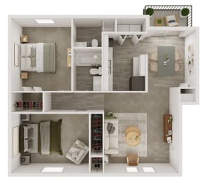a 3d rendering of a bedroom with a bathroom and a living room