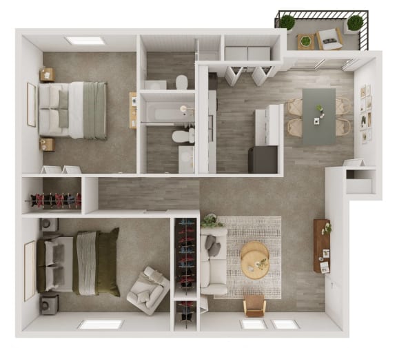 a 3d rendering of a bedroom with a bathroom and a living room