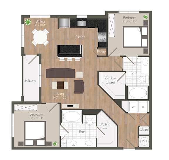 A floor plan of an apartment with a dining area, kitchen, living room, and two bedrooms.