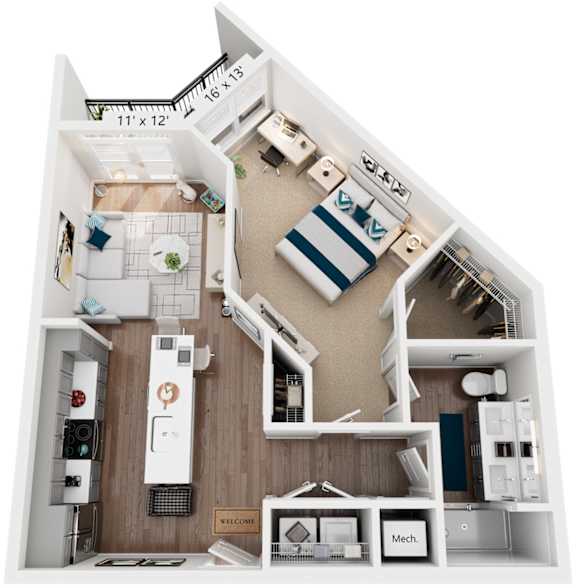 1 Bed 1 Bath Floor Plan | 779 Sq. Ft. at One Riverside Apartments, Tennessee, 37403