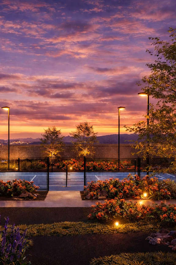 Pickleball court view at sunset at Avela Luxury Apartments, Henderson, NV