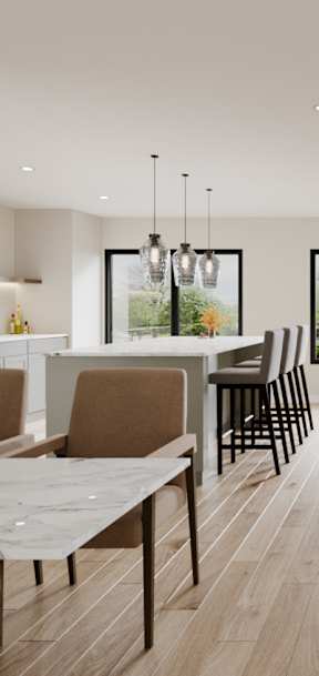 A modern dining room with a large table and chairs.