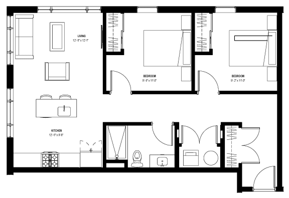 2 bed 1 bath floor plan at Glassworks, Philadelphia