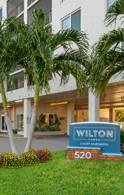 Exterior view of Wilton Tower apartments with palm trees in Wilton Manors, FL.