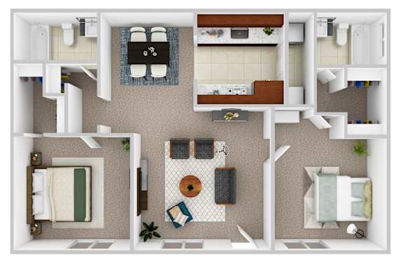 A floor plan of a house with two bedrooms, a living room, a kitchen, and a bathroom.