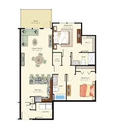 A 2 Bedroom Plan shows a layout with a deck, bathroom, kitchen, laundry, and a great room with a couch and television.