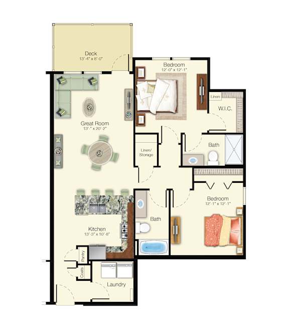 A 2 Bedroom Plan shows a layout with a deck, bathroom, kitchen, laundry, and a great room with a couch and television.