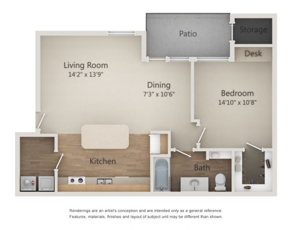 Floor Plan  Redwood Floorplan - 1 bed, 1 bath, 776 square feet.