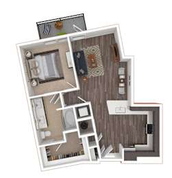 A 3D rendered image of a house layout.