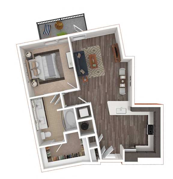 A 3D rendered image of a house layout.
