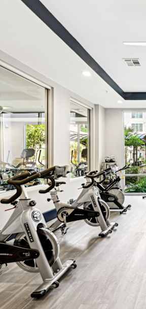the gym with cardio equipment and windows at Harlow River Oaks in Houston, TX