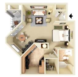Furnished 3D floor plan of the Sanibel studio at Providence at Palm Harbor, staged to show suggested placement for the bed, seating, dining, and other furniture.