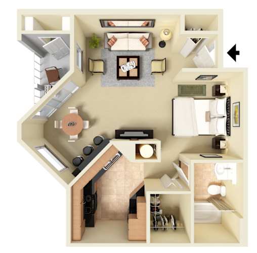 Floor Plan  Furnished 3D floor plan of the Sanibel studio at Providence at Palm Harbor, staged to show suggested placement for the bed, seating, dining, and other furniture.