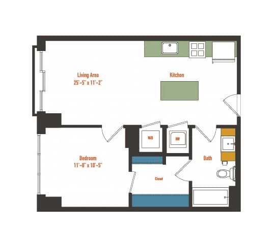 A floor plan of a small apartment with a living area, kitchen, bathroom, and bedroom.