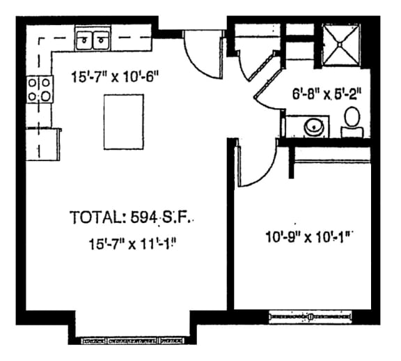 A black and white image of a 1 bedroom apartment floor plan.