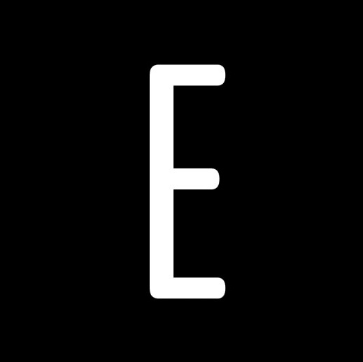 A white letter E on a black background.