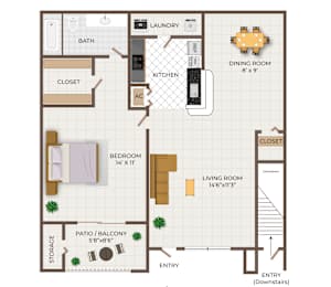 A floor plan of an apartment with one bedroom and one bathroom.