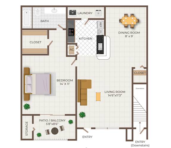 A floor plan of an apartment with one bedroom and one bathroom.