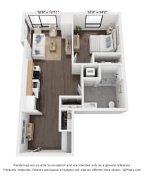 a stylized floor plan with a bedroom and a living room