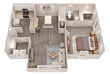 A 3D floor plan of a small apartment with a kitchen, living room, and bathroom.