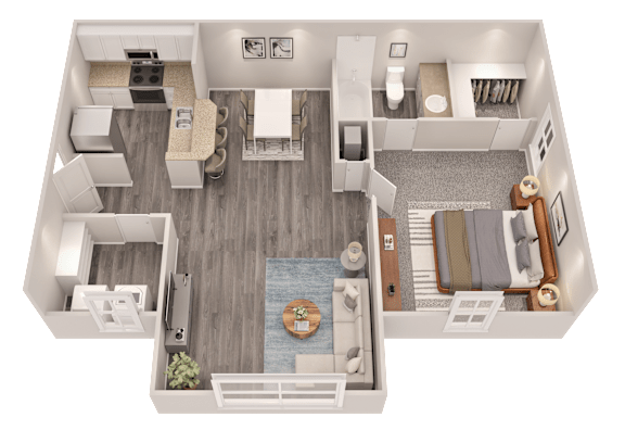 A 3D floor plan of a small apartment with a kitchen, living room, and bathroom.